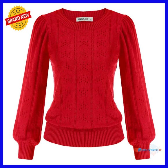 Sweaters - Long Lantern Sleeve Crochet Pullover Sweater Hollow Out Knit Top